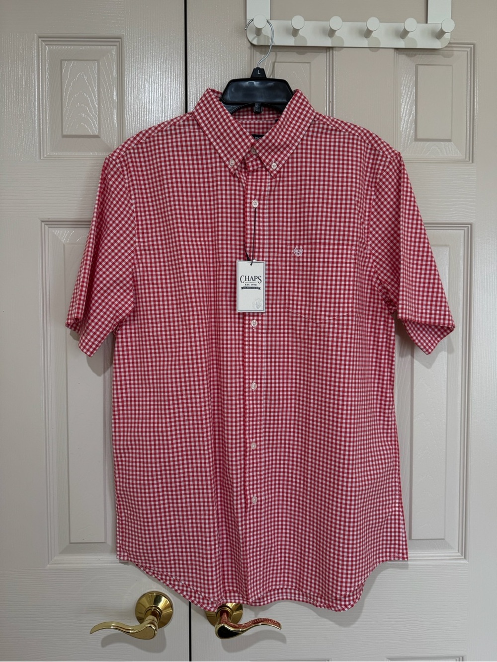 Chaps Men's Size Large Button Down Short Sleeve White/Poppy Red Plaid Shirt-NWT